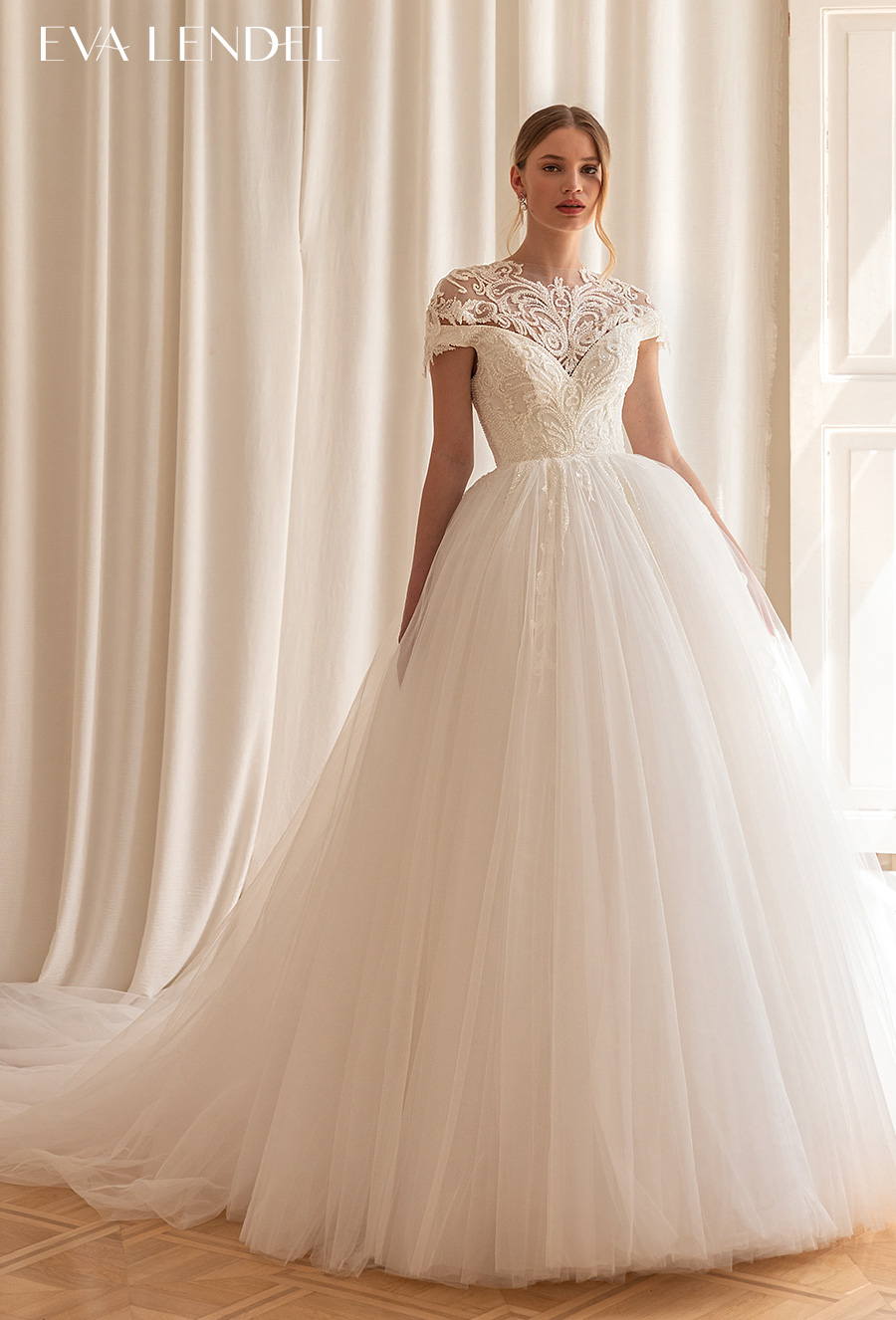 eva lendel 2022 bridal short sleeves illusion bateau neckline heavily embellished bodice princess ball gown a line wedding dress v back chapel train (matilda) mv