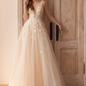eva lendel 2022 bridal sleeveless with strap deep v neck heavily embellished bodice romantic blush a  line wedding dress v back sweep train (solomia) mv