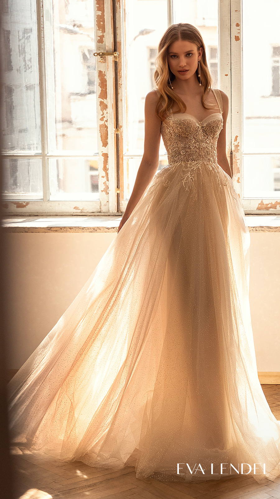 eva lendel 2022 bridal sleeveless with strap sweetheart neckline heavily embellished bodice bustier elegant soft a line wedding dress sweep train (karla) mv