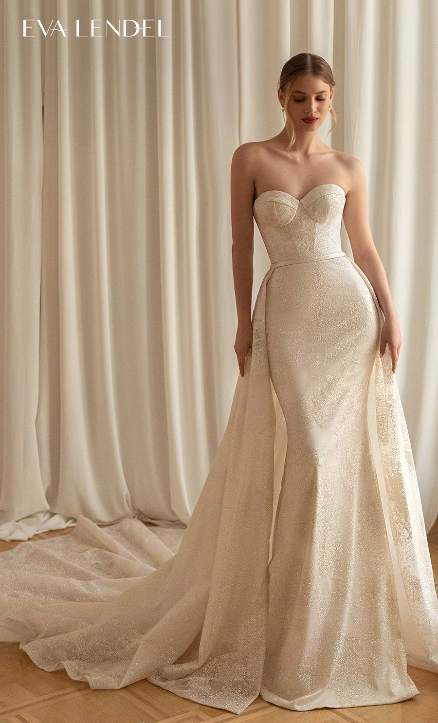 eva lendel 2022 bridal strapless sweetheart neckline light embellishment bustier elegant sheath wedding dress a line overskirt mid back chapel train (milena) mv