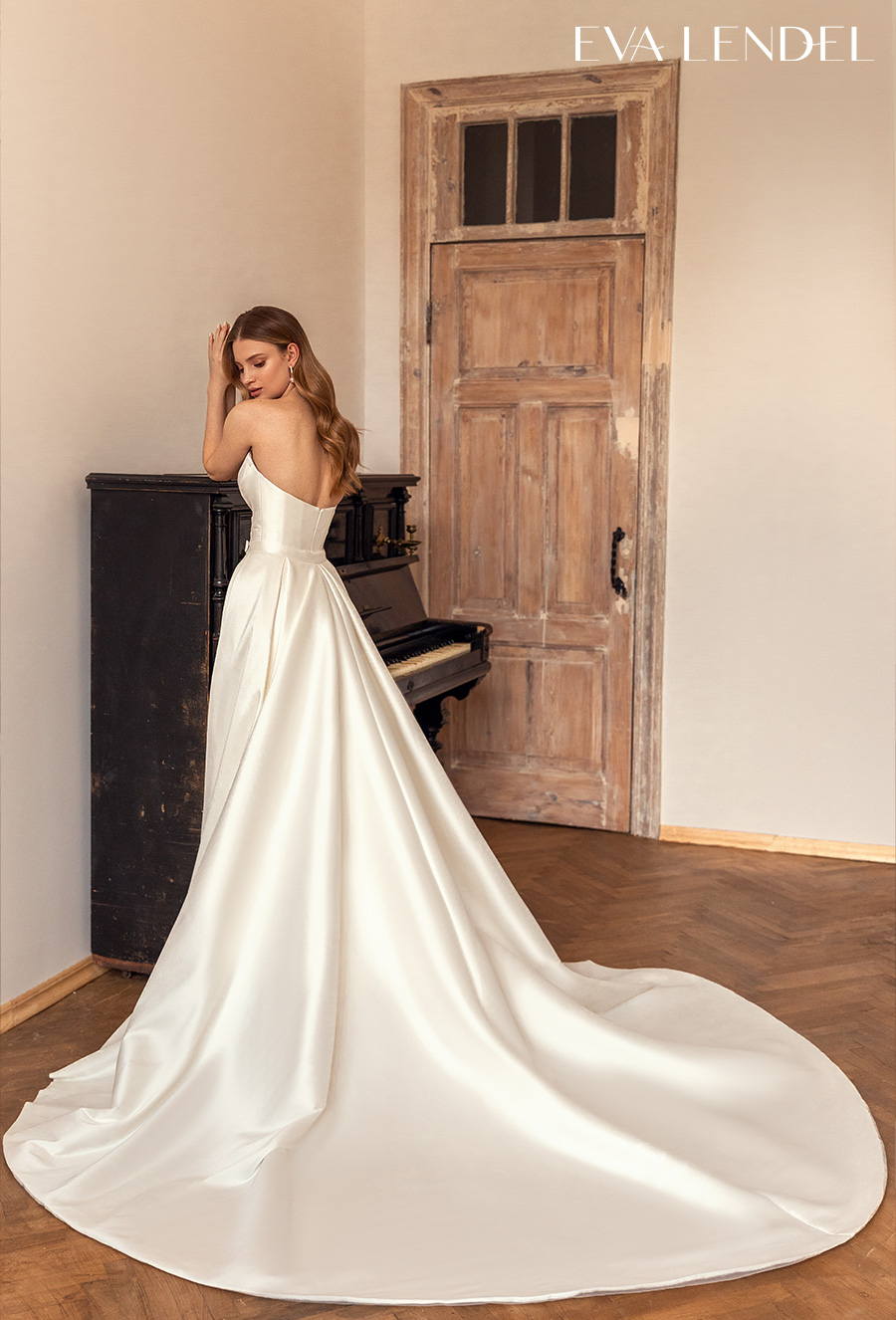 eva lendel 2022 bridal strapless sweetheart neckline ruched wrap over simple minimalist bodice elegant sheath wedding dress a line overskirt chapel train (lika) bv