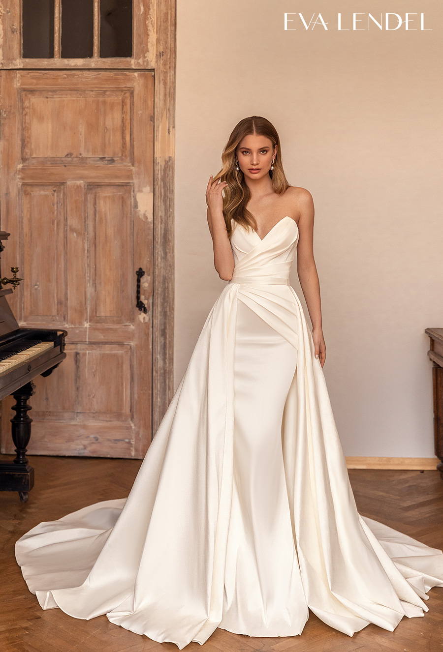 eva lendel 2022 bridal strapless sweetheart neckline ruched wrap over simple minimalist bodice elegant sheath wedding dress a line overskirt chapel train (lika) mv