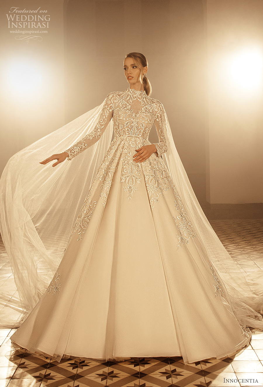 innocentia 2022 incanto bridal long sleeves high neck heavily embellished bodice princess a  line wedding dress (11) mv