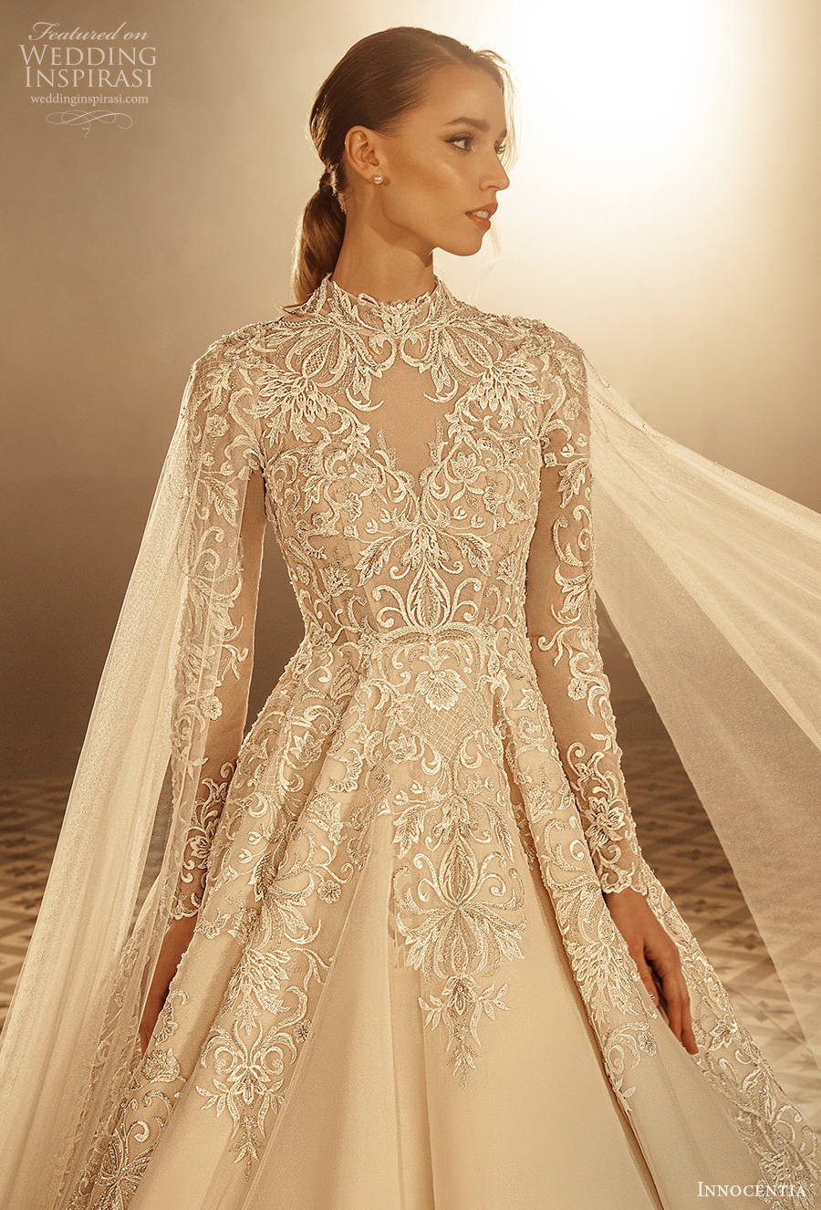innocentia 2022 incanto bridal long sleeves high neck heavily embellished bodice princess a  line wedding dress (11) zv