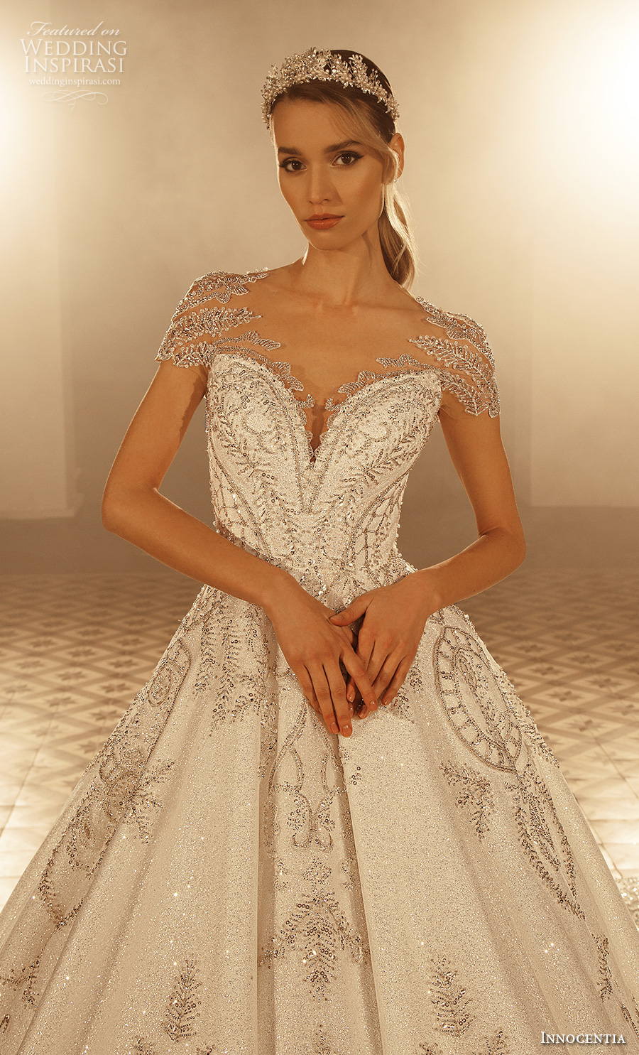 innocentia 2022 incanto bridal short sleeves sweetheart neckline full embellishment ball gown a  line wedding dress royal train (4) zv