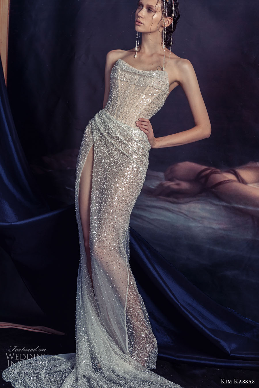 kim kassa couture fall 2022 bridal strapless neckline full embellishment glamorous sheath wedding dress high slit skirt short train (4) mv kim kassa couture fall 2022 bridal strapless neckline full embellishment glamorous sheath wedding dress high slit skirt short train (4) mv