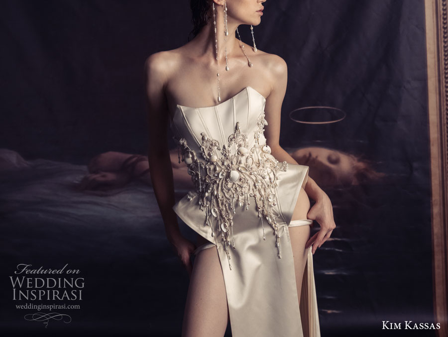 kim kassa couture fall 2022 bridal strapless neckline heavily embellished bodice glamorous a line wedding dress double slit skirt chapel train (15) zv kim kassa couture fall 2022 bridal strapless neckline heavily embellished bodice glamorous a line wedding dress double slit skirt chapel train (15) zv