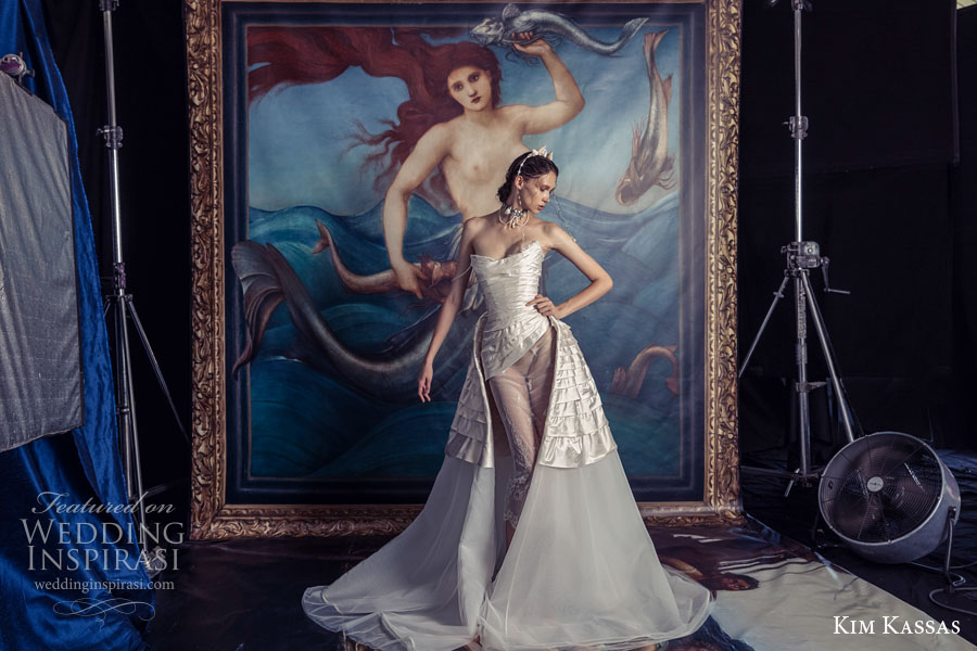 kim kassa couture fall 2022 bridal strapless neckline simple bodice glamorous sheath wedding dress a line overskirt chapel train (11) mv kim kassa couture fall 2022 bridal strapless neckline simple bodice glamorous sheath wedding dress a line overskirt chapel train (11) mv