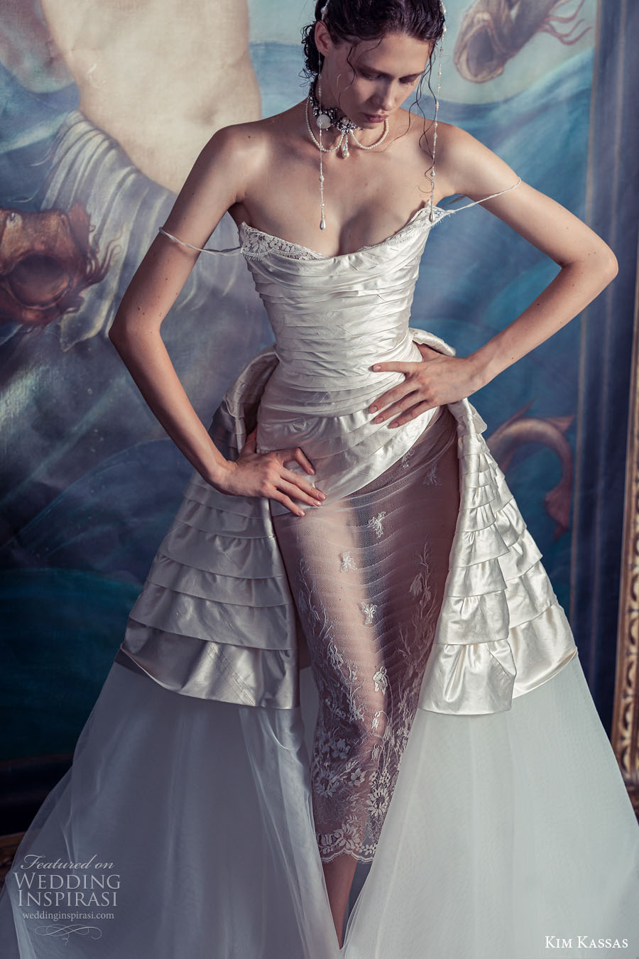 kim kassa couture fall 2022 bridal strapless neckline simple bodice glamorous sheath wedding dress a line overskirt chapel train (11) zv kim kassa couture fall 2022 bridal strapless neckline simple bodice glamorous sheath wedding dress a line overskirt chapel train (11) zv