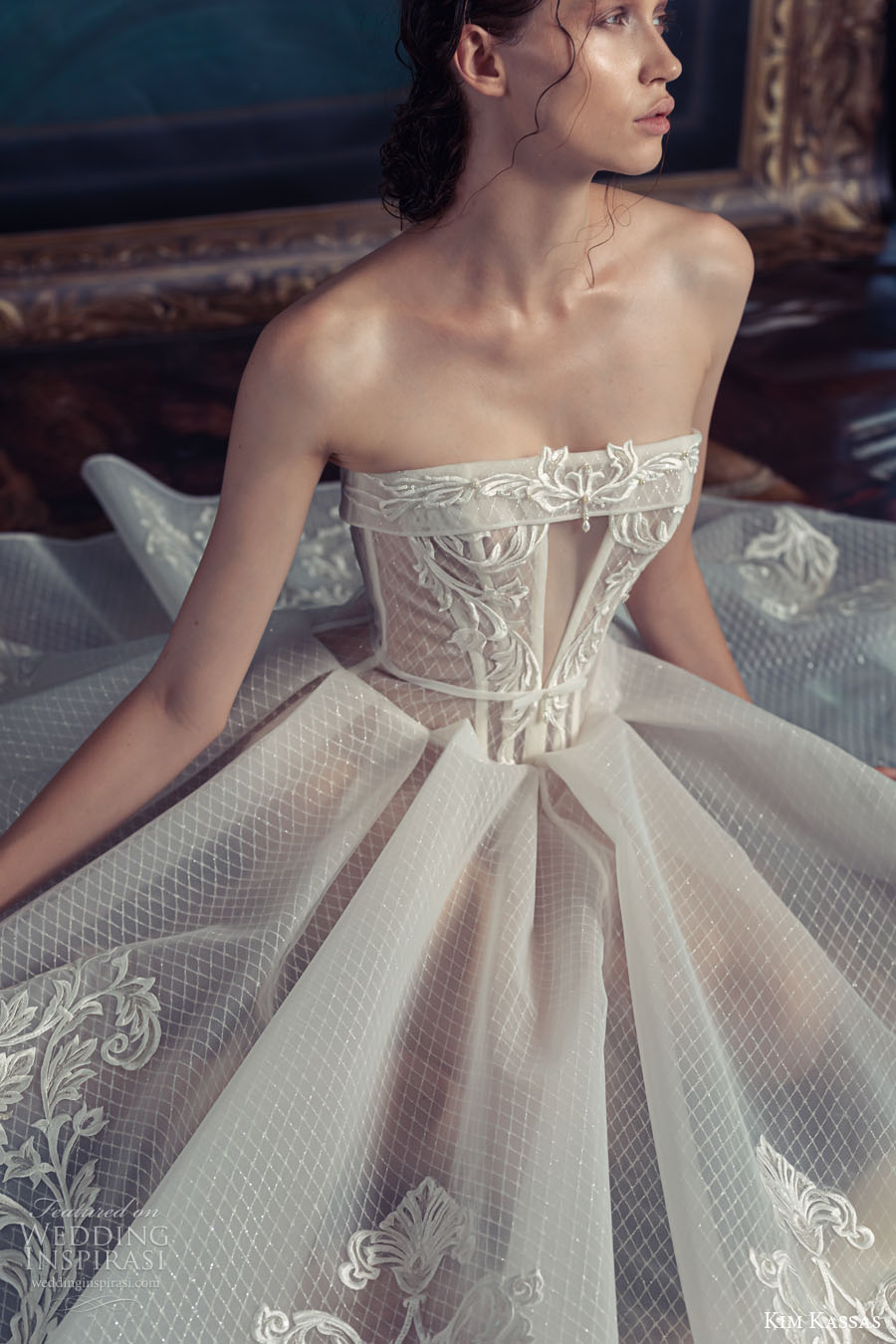 kim kassa couture fall 2022 bridal strapless straight across neckline heavily embellished bodice tea length short wedding dress (16) zv kim kassa couture fall 2022 bridal strapless straight across neckline heavily embellished bodice tea length short wedding dress (16) zv