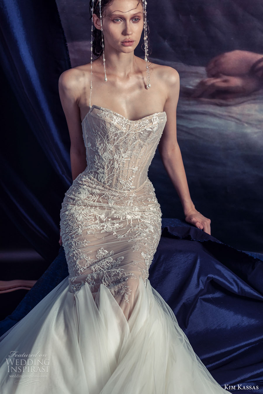 kim kassa couture fall 2022 bridal strapless v neck heavily embellished bodice glamorous mermaid wedding dress chapel train (3) zv