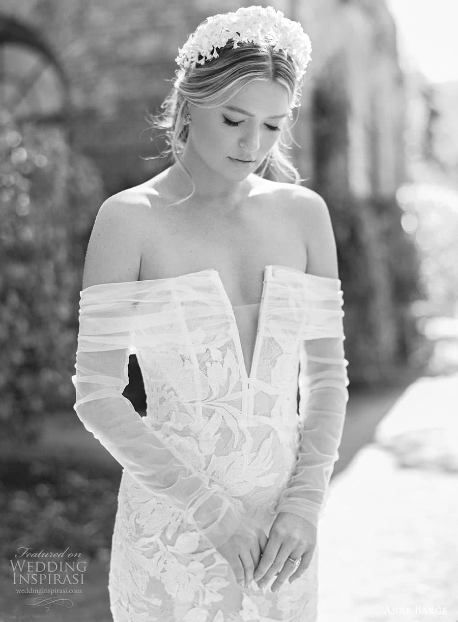 anne barge fall 2022 bridal illusion long off shoulder sleeve v neckline embellished lace fit flare mermaid wedding dress chapel train (5) zv