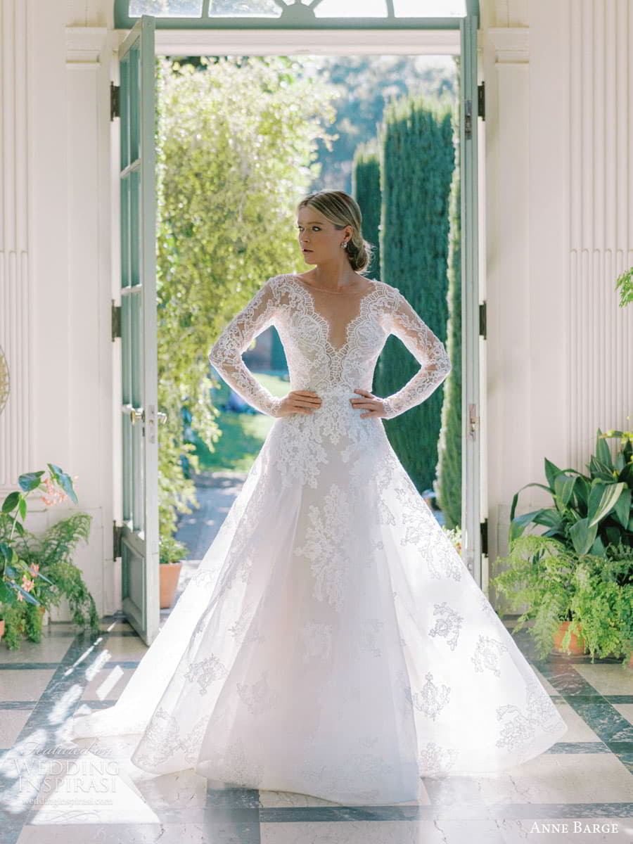 anne barge fall 2022 bridal illusion long sleeve scalloped v neckline embellished lace a line romantic ball gown wedding dress chapel train (3) fv