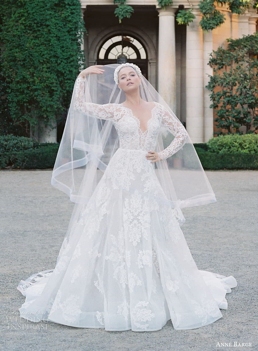 anne barge fall 2022 bridal illusion long sleeve scalloped v neckline embellished lace a line romantic ball gown wedding dress chapel train veil (3) mv
