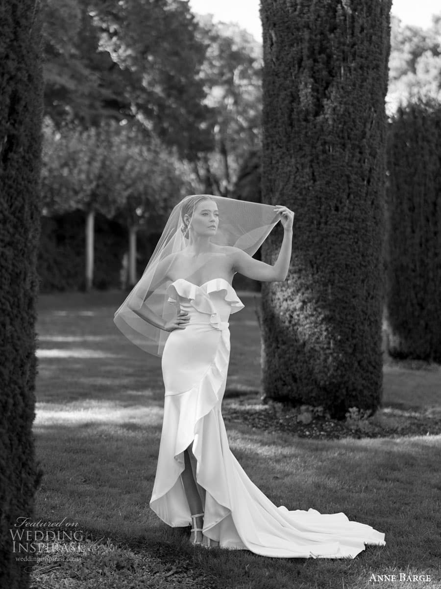 anne barge fall 2022 bridal strapless ruffle sweetheart neckline clean minimalist sheath wedding dress slit skirt chapel train (7) mv 