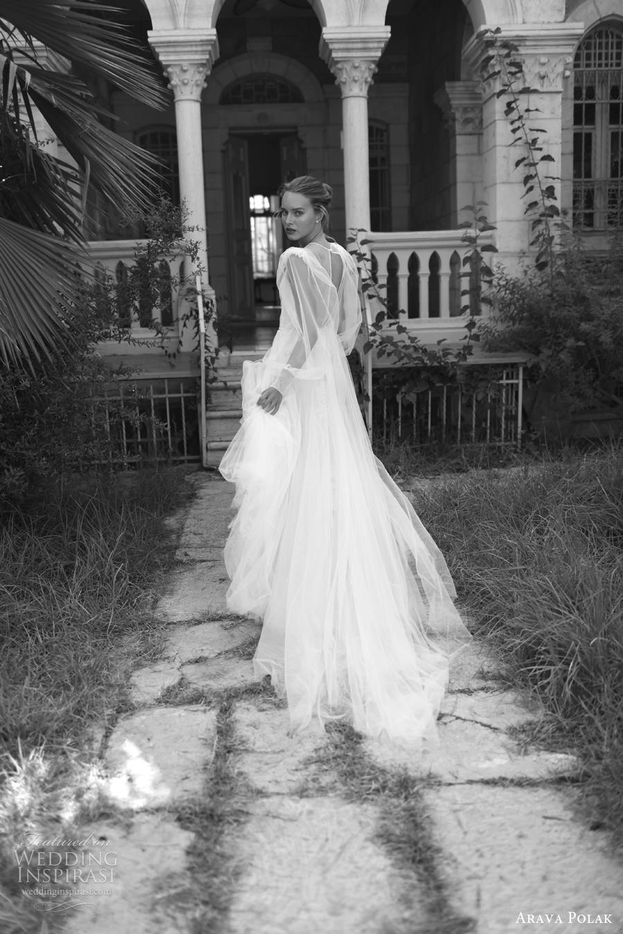 arava polak 2022 bridal long bishop sleeves spaghetti strap diamond neck heavily embellished bodice soft a  line wedding dress (15) bv