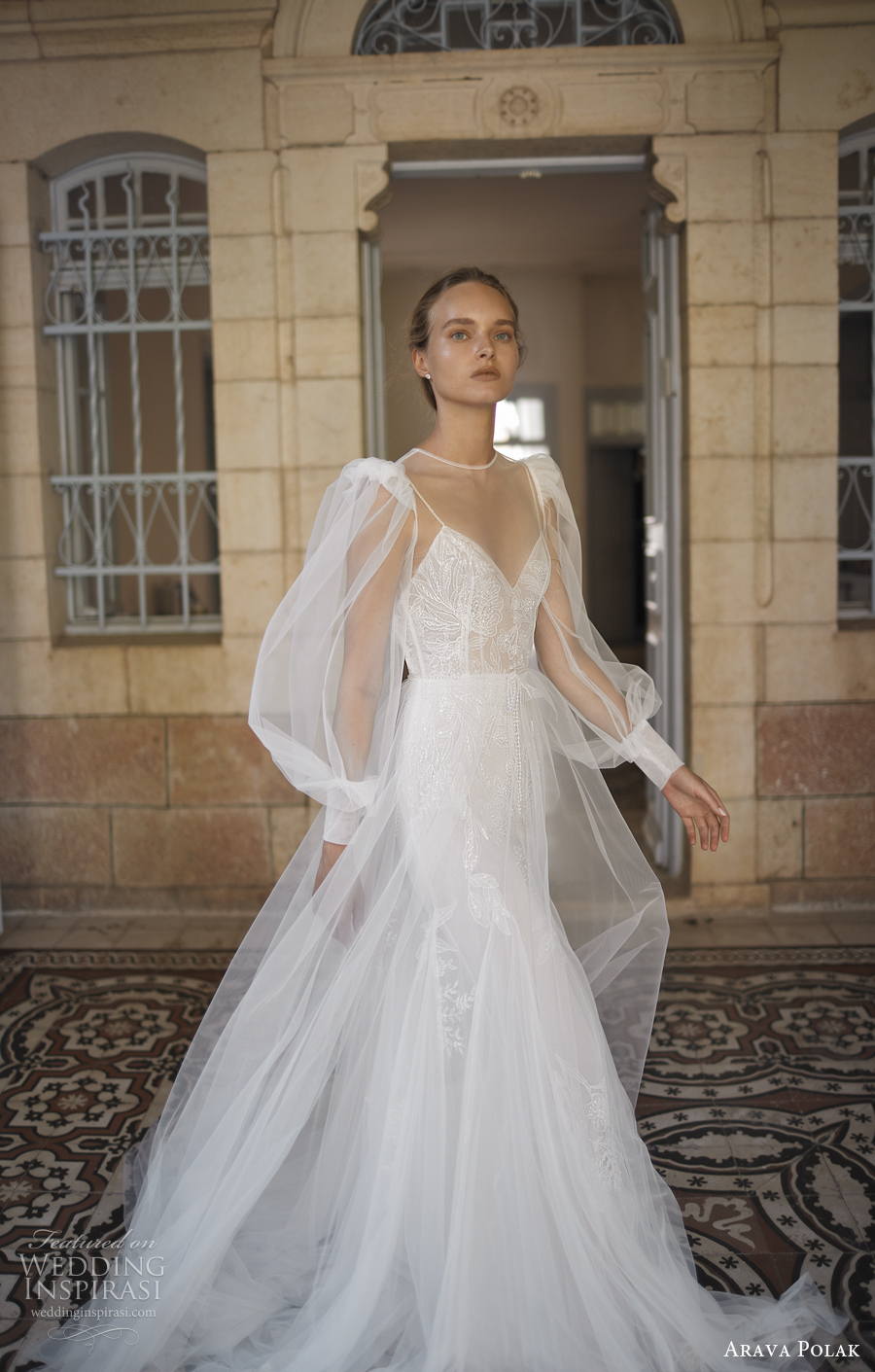arava polak 2022 bridal long bishop sleeves spaghetti strap diamond neck heavily embellished bodice soft a  line wedding dress (15) mv