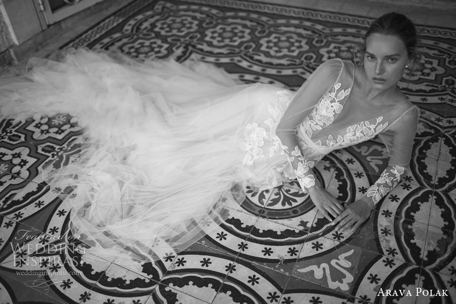 arava polak 2022 bridal long sleeves deep v neck heavily embellished bodice a  line wedding dress v low back chapel train (11) mv
