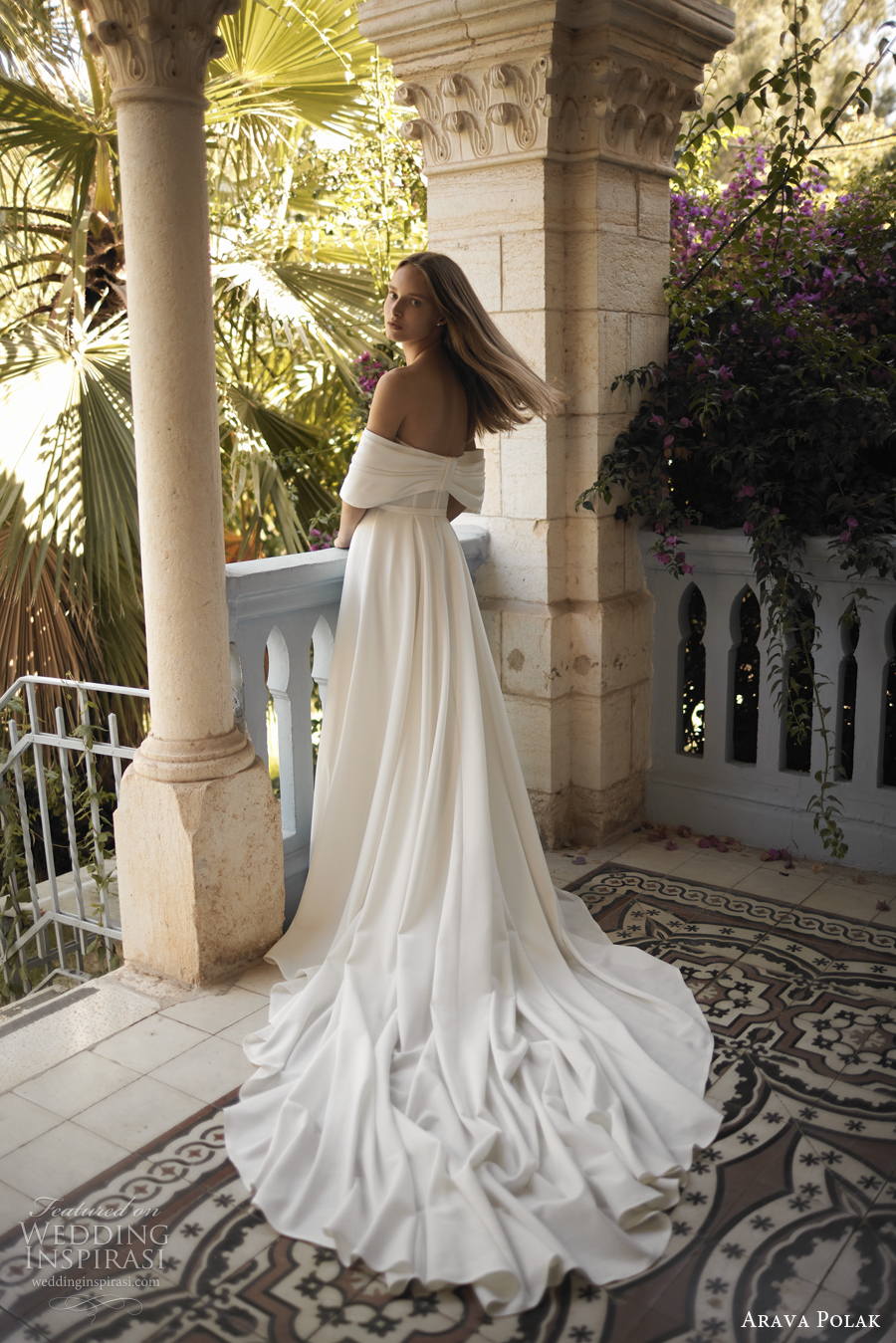 arava polak 2022 bridal off the shoulder straight across neckline simple minimalist soft a  line wedding dress slit skirt chapel train (5) bv