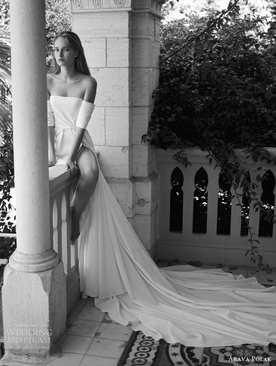 arava polak 2022 bridal off the shoulder straight across neckline simple minimalist soft a  line wedding dress slit skirt chapel train (5) mv
