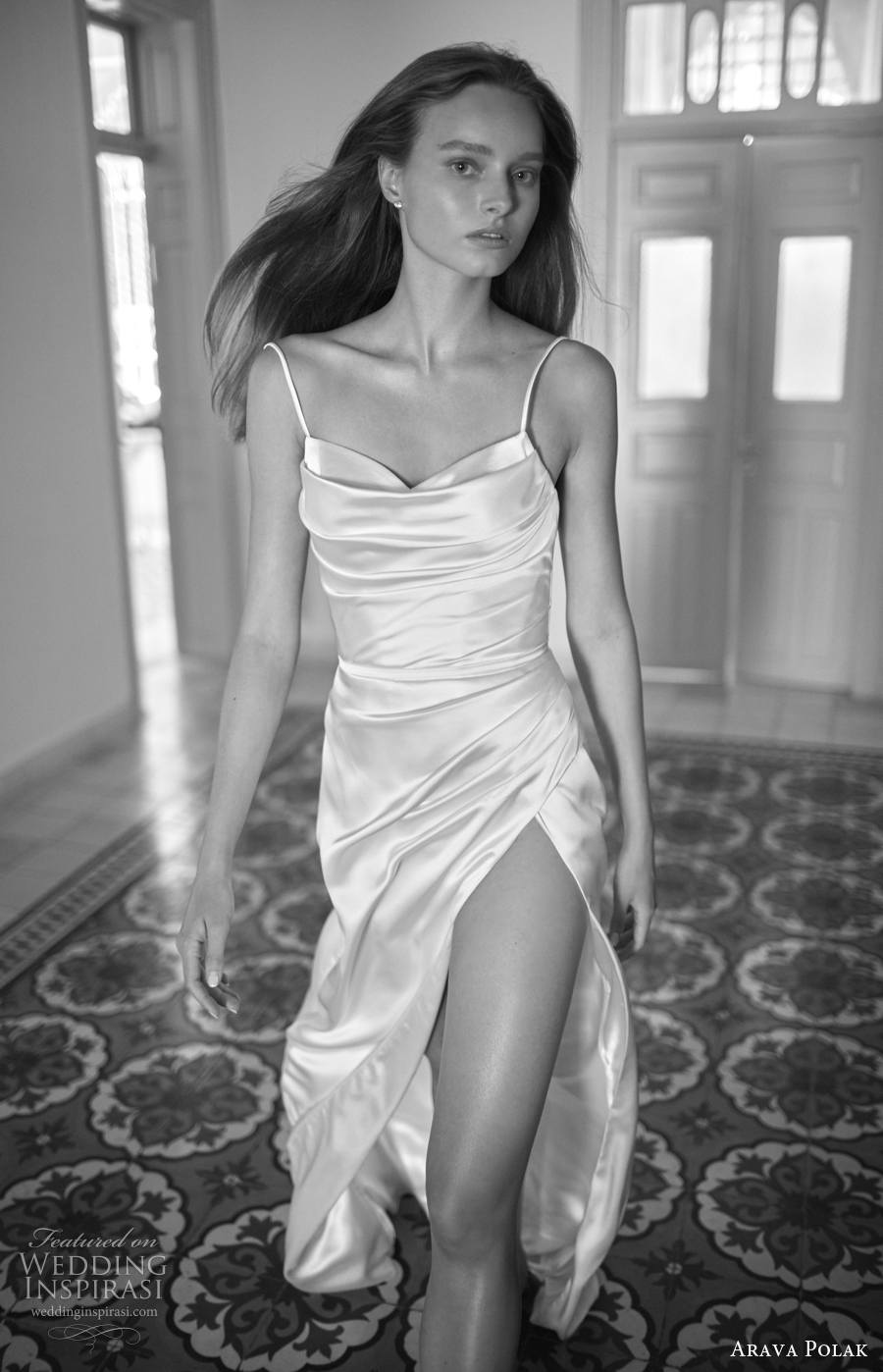 arava polak 2022 bridal sleeveless spaghetti strap diamond neckline simple minimalist soft a  line wedding dress chapel train (9) mv