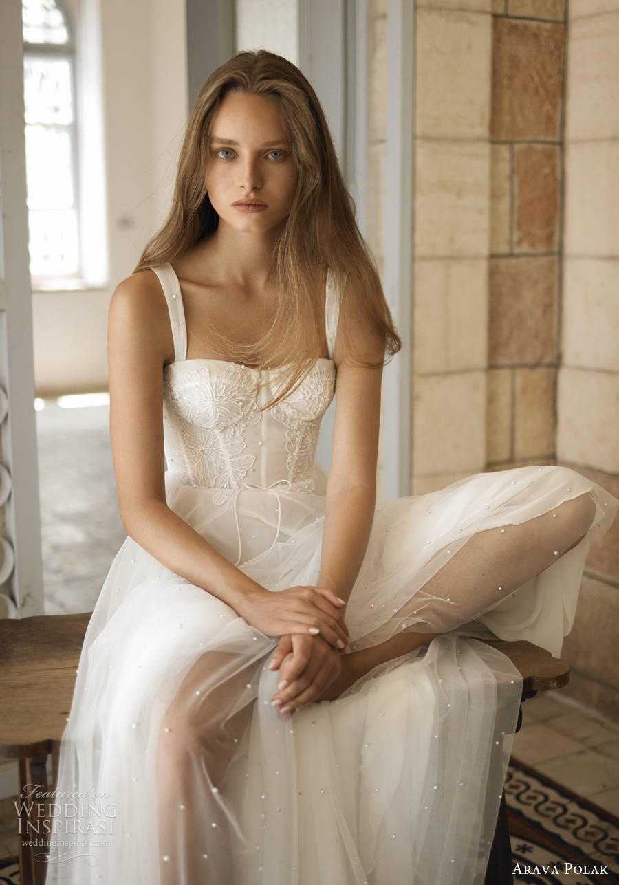 arava polak 2022 bridal sleeveless with strap square neck heavily embellished bodice bustier soft a  line wedding dress chapel train (2) zv