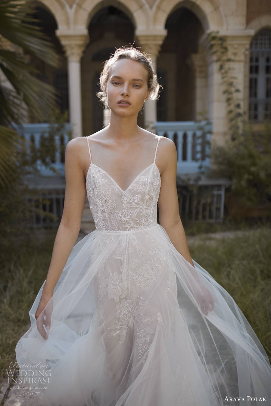 arava polak 2022 bridal spaghetti strap diamond neck heavily embellished bodice soft a  line wedding dress (15) zv