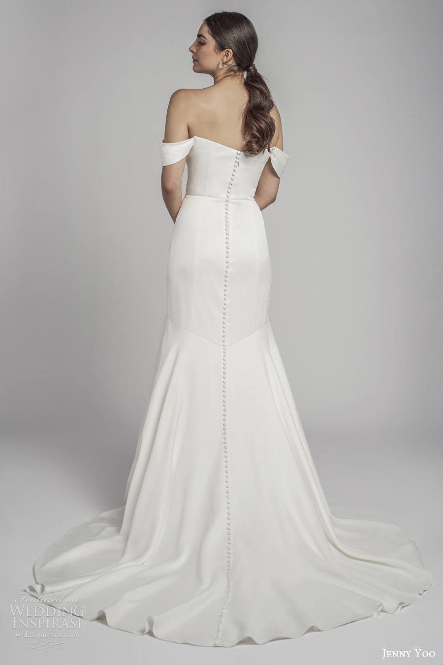 jenny by jenny yoo spring 2022 bridal off the shoulder semi v neck simple minimalist drop waist a line wedding dress mid back short train (8) bv