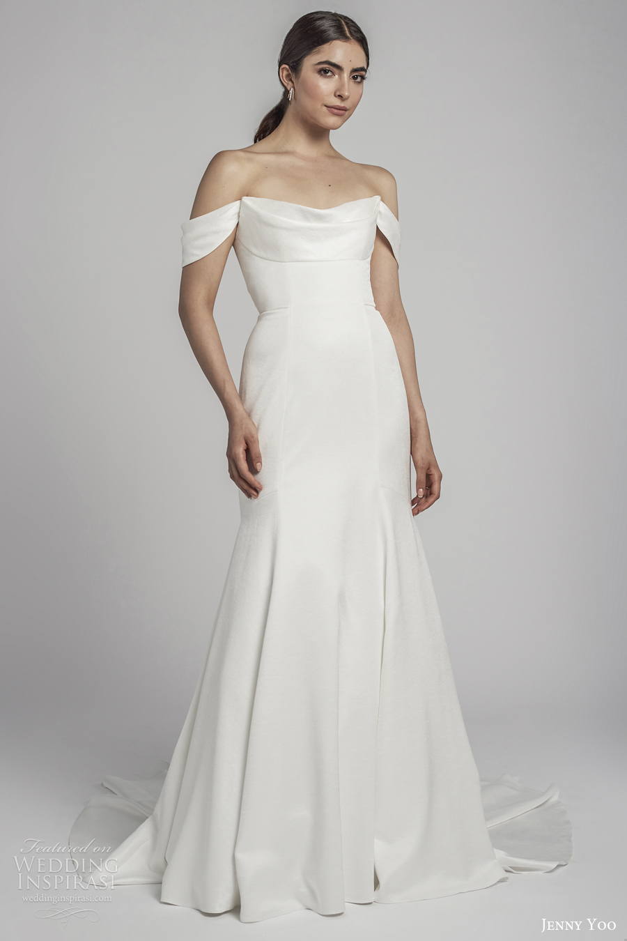 jenny by jenny yoo spring 2022 bridal off the shoulder semi v neck simple minimalist drop waist a line wedding dress mid back short train (8) mv