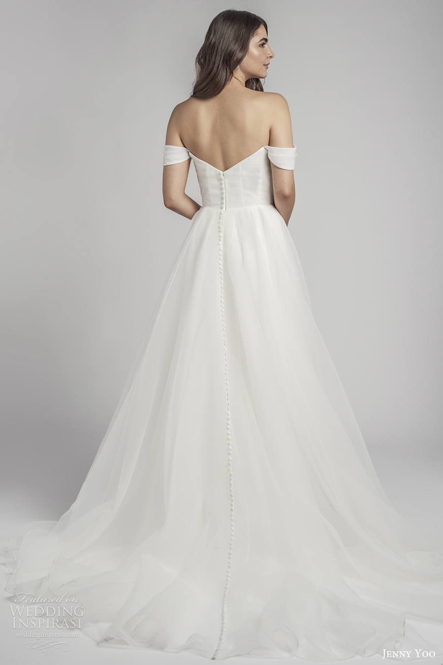 jenny by jenny yoo spring 2022 bridal off the shoulder straight across neckline simple romantic a line wedding dress (2) bv