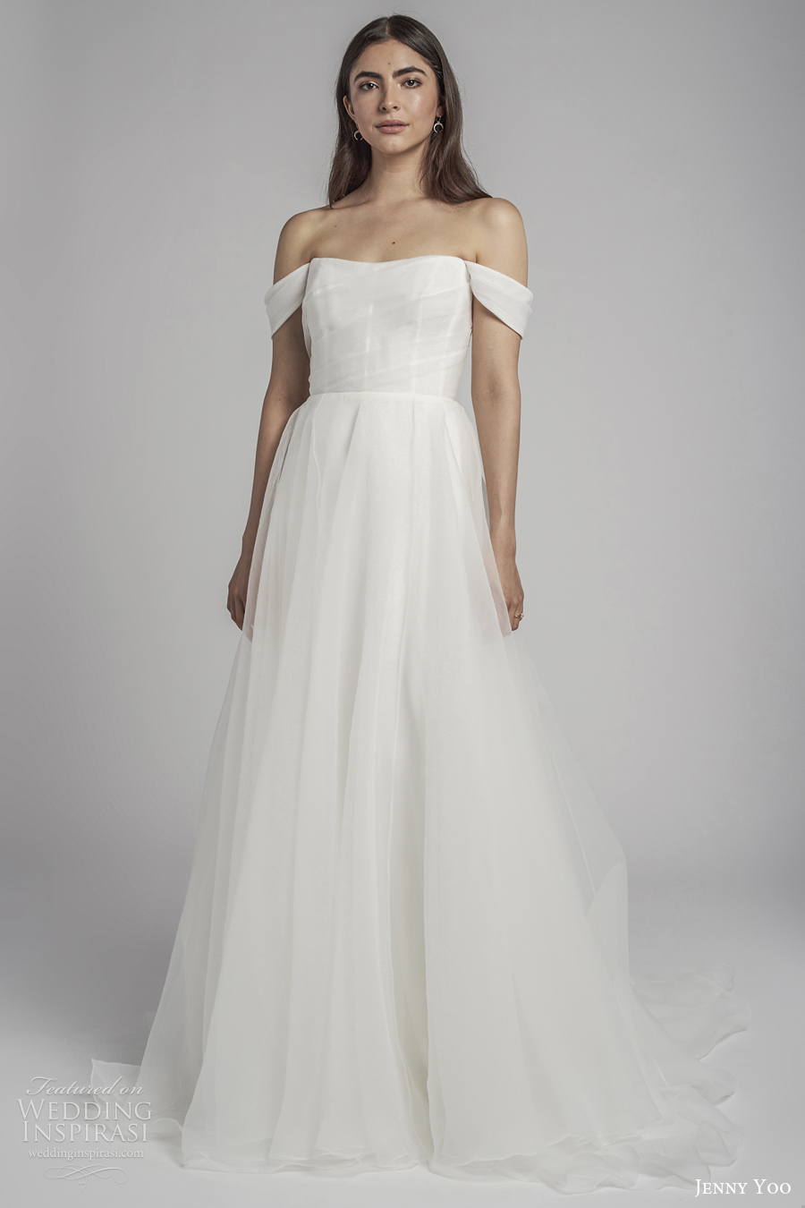 jenny by jenny yoo spring 2022 bridal off the shoulder straight across neckline simple romantic a line wedding dress (2) mv