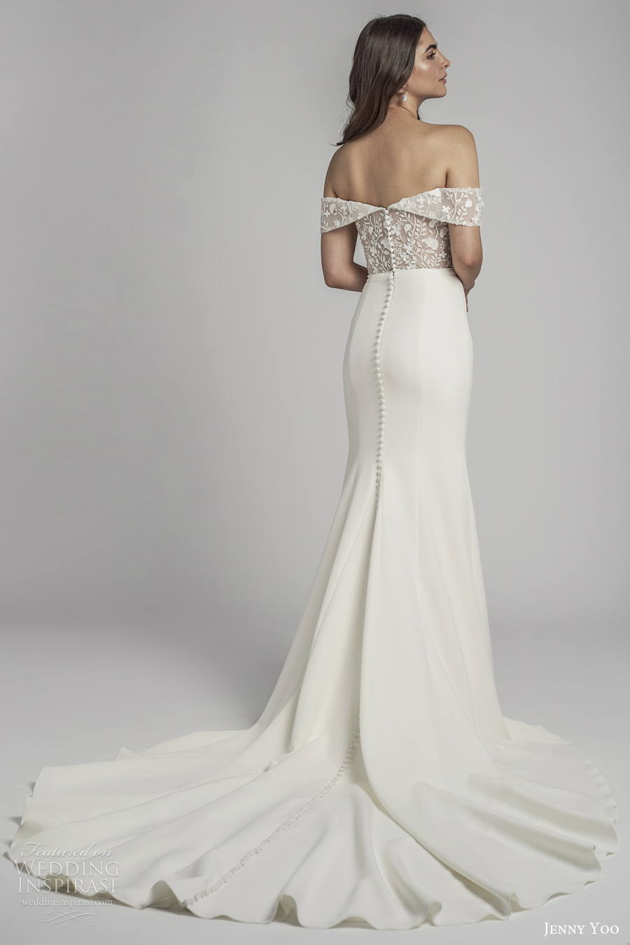 jenny by jenny yoo spring 2022 bridal off the shoulder sweetheart neckline heavily embellished bodice fit and flare wedding dress medium train (1) bv