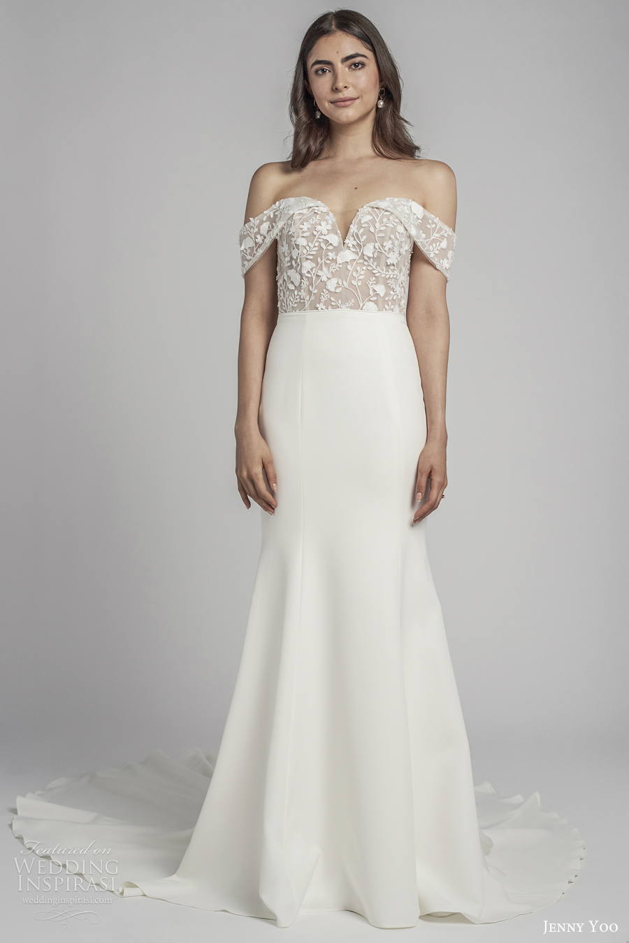 jenny by jenny yoo spring 2022 bridal off the shoulder sweetheart neckline heavily embellished bodice fit and flare wedding dress medium train (1) mv