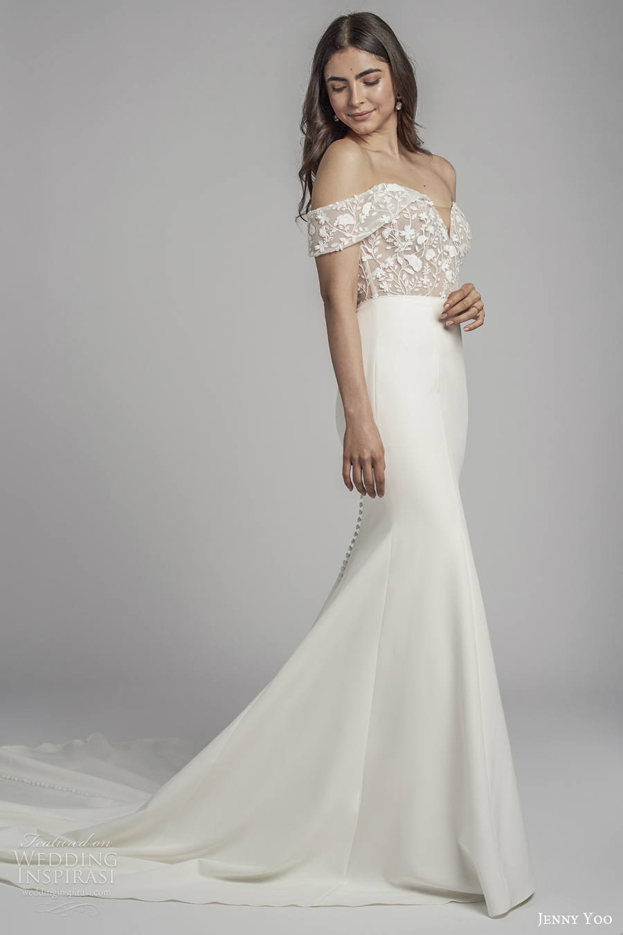 jenny by jenny yoo spring 2022 bridal off the shoulder sweetheart neckline heavily embellished bodice fit and flare wedding dress medium train (1) sdv