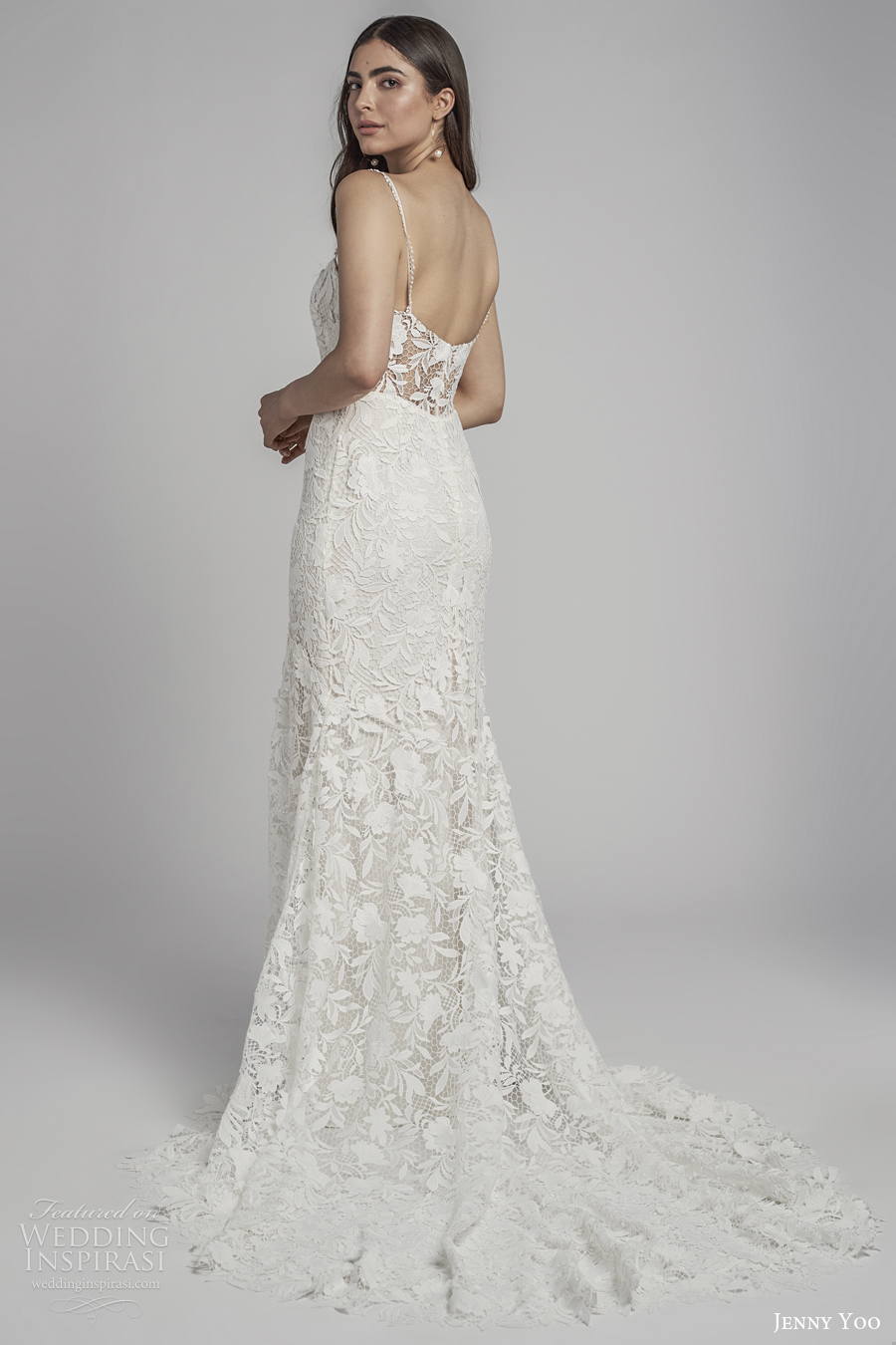 jenny by jenny yoo spring 2022 bridal sleeveless thin strap square neckline full embellishment romantic fit and flare wedding dress square back medium train (10) bv