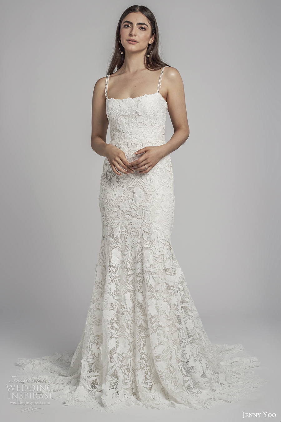 jenny by jenny yoo spring 2022 bridal sleeveless thin strap square neckline full embellishment romantic fit and flare wedding dress square back medium train (10) mv