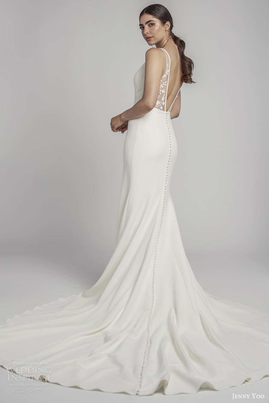 jenny by jenny yoo spring 2022 bridal sleeveless v neck simple minimalist elegant mermaid wedding dress low v back chapel train (9) bv