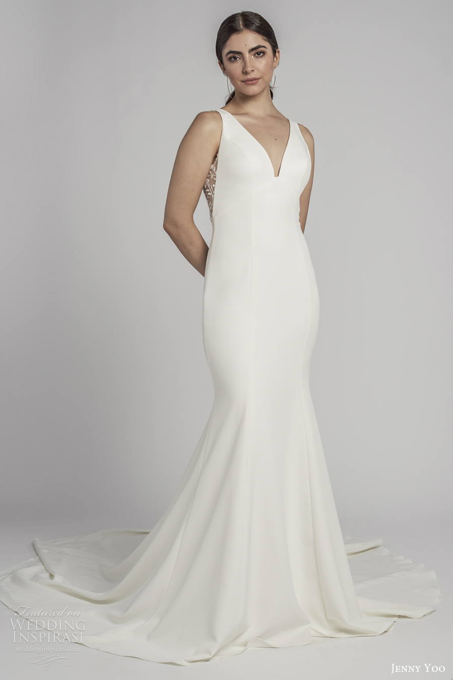 jenny by jenny yoo spring 2022 bridal sleeveless v neck simple minimalist elegant mermaid wedding dress low v back chapel train (9) mv