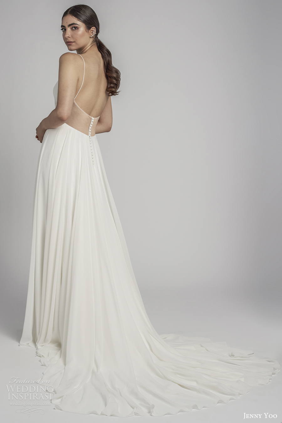 jenny by jenny yoo spring 2022 bridal sleeveless v neck simple minimalist soft a line wedding dress low back medium train (6) bv 