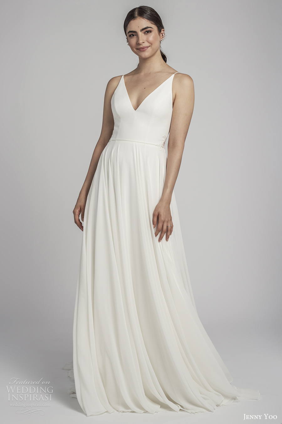 jenny by jenny yoo spring 2022 bridal sleeveless v neck simple minimalist soft a line wedding dress low back medium train (6) mv