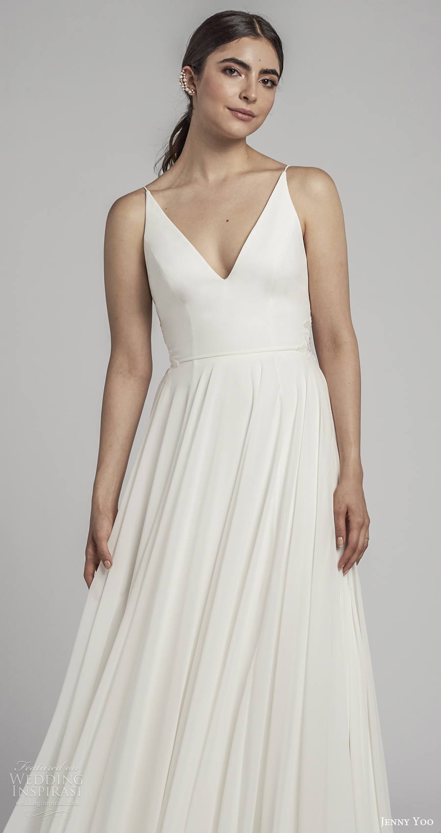 jenny by jenny yoo spring 2022 bridal sleeveless v neck simple minimalist soft a line wedding dress low back medium train (6) zv