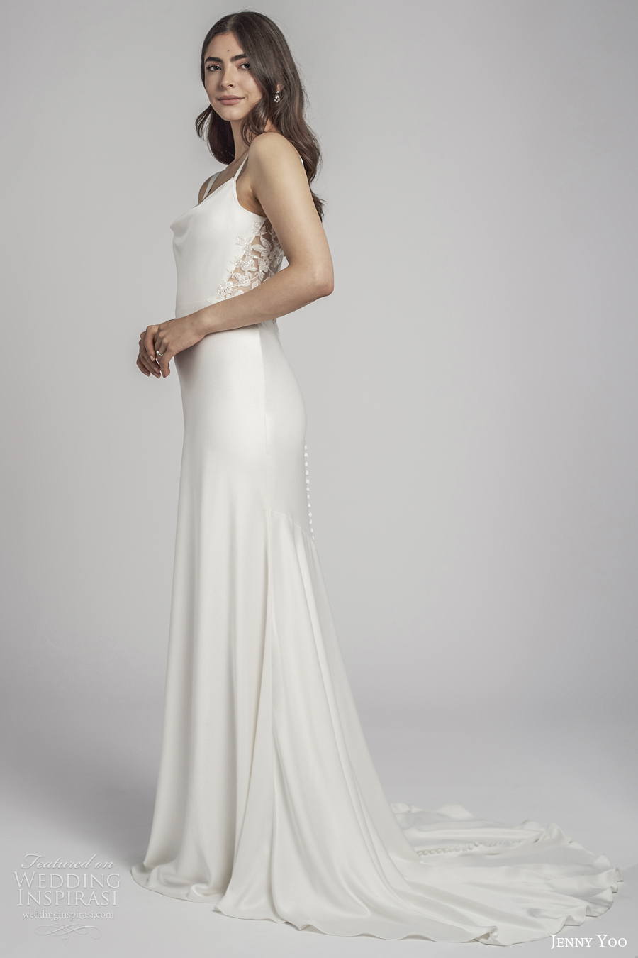 jenny by jenny yoo spring 2022 bridal sleeveless with strap diamond neckline simple minimalist sheath wedding dress scoop back short train (4) sdv