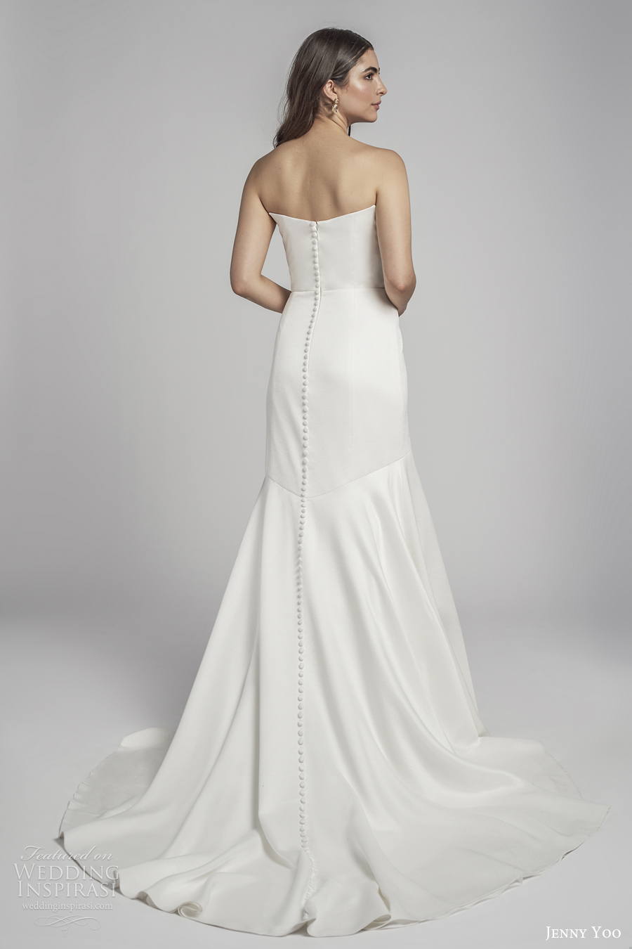 jenny by jenny yoo spring 2022 bridal strapless semi v neck simple minimalist drop waist a line wedding dress mid back short train (7) bv