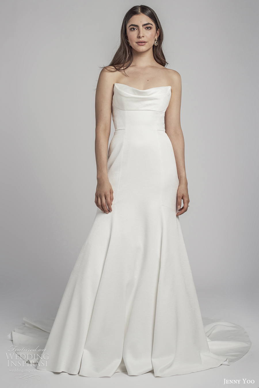 jenny by jenny yoo spring 2022 bridal strapless semi v neck simple minimalist drop waist a line wedding dress mid back short train (7) mv