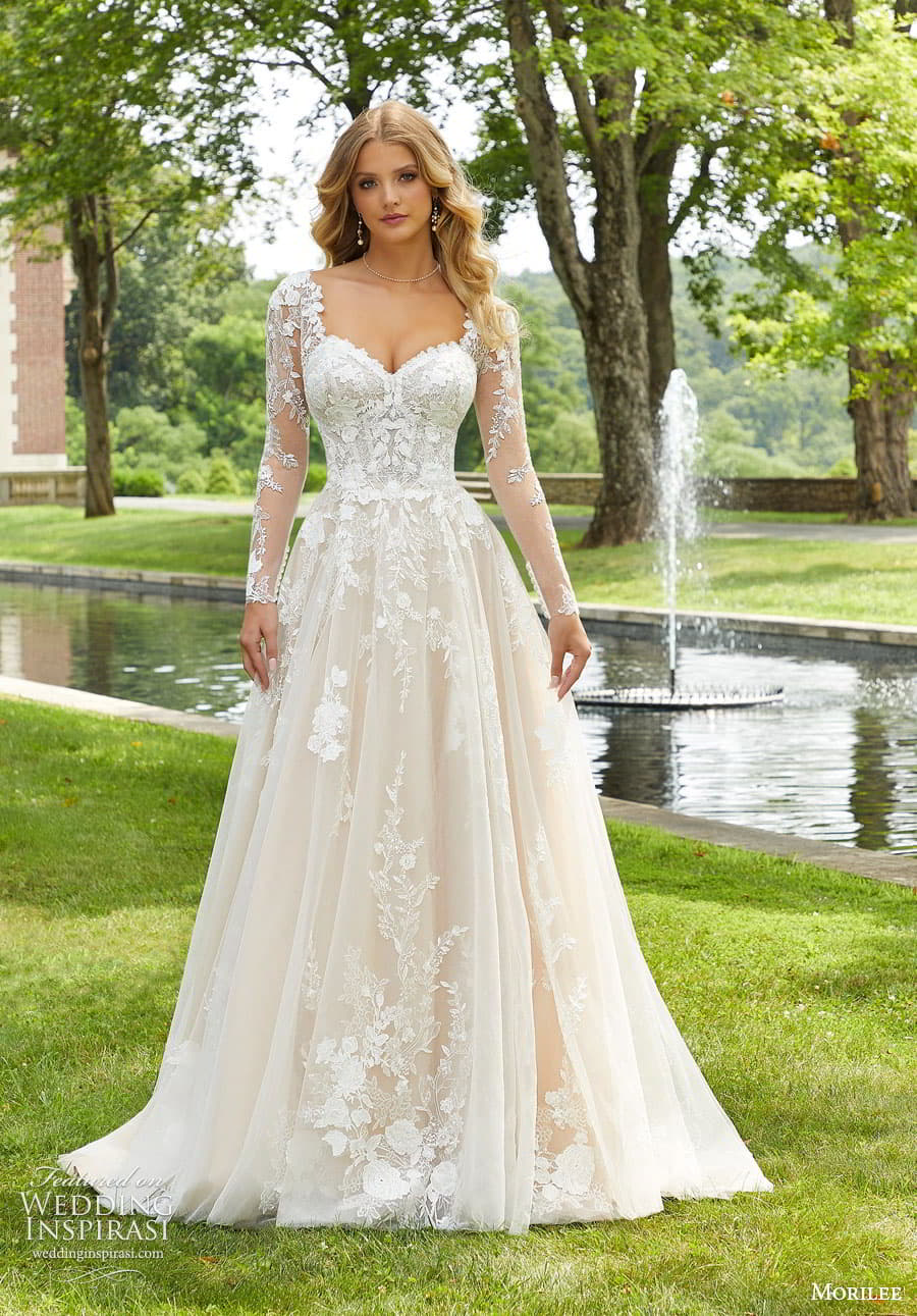morilee fall 2022 bridal detachable illusion sleeve strapless sweetheart neckline embellished lace bodice a line ball gown wedding dress chapel train (19) mv