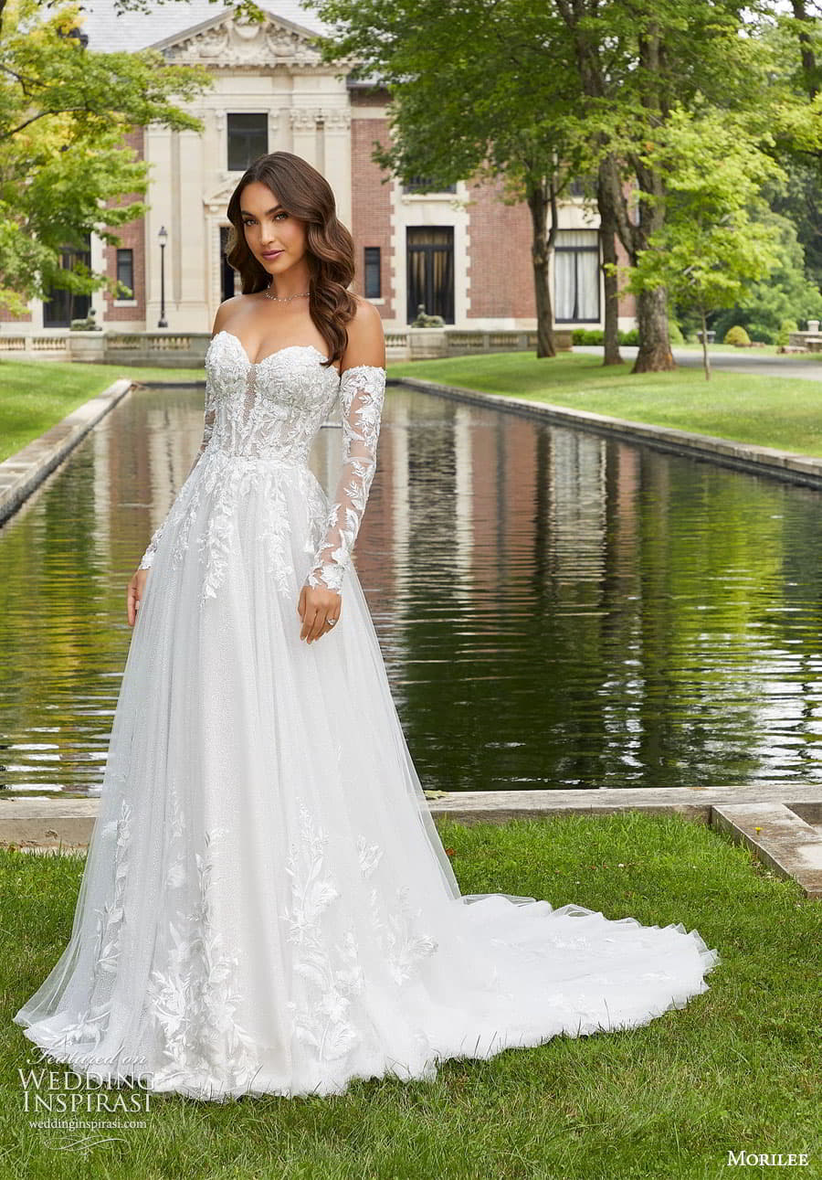 morilee fall 2022 bridal detached illusion sleeves strapless sweetheart neckline fully embellished lace a line ball gown wedding dress chapel train (23) mv