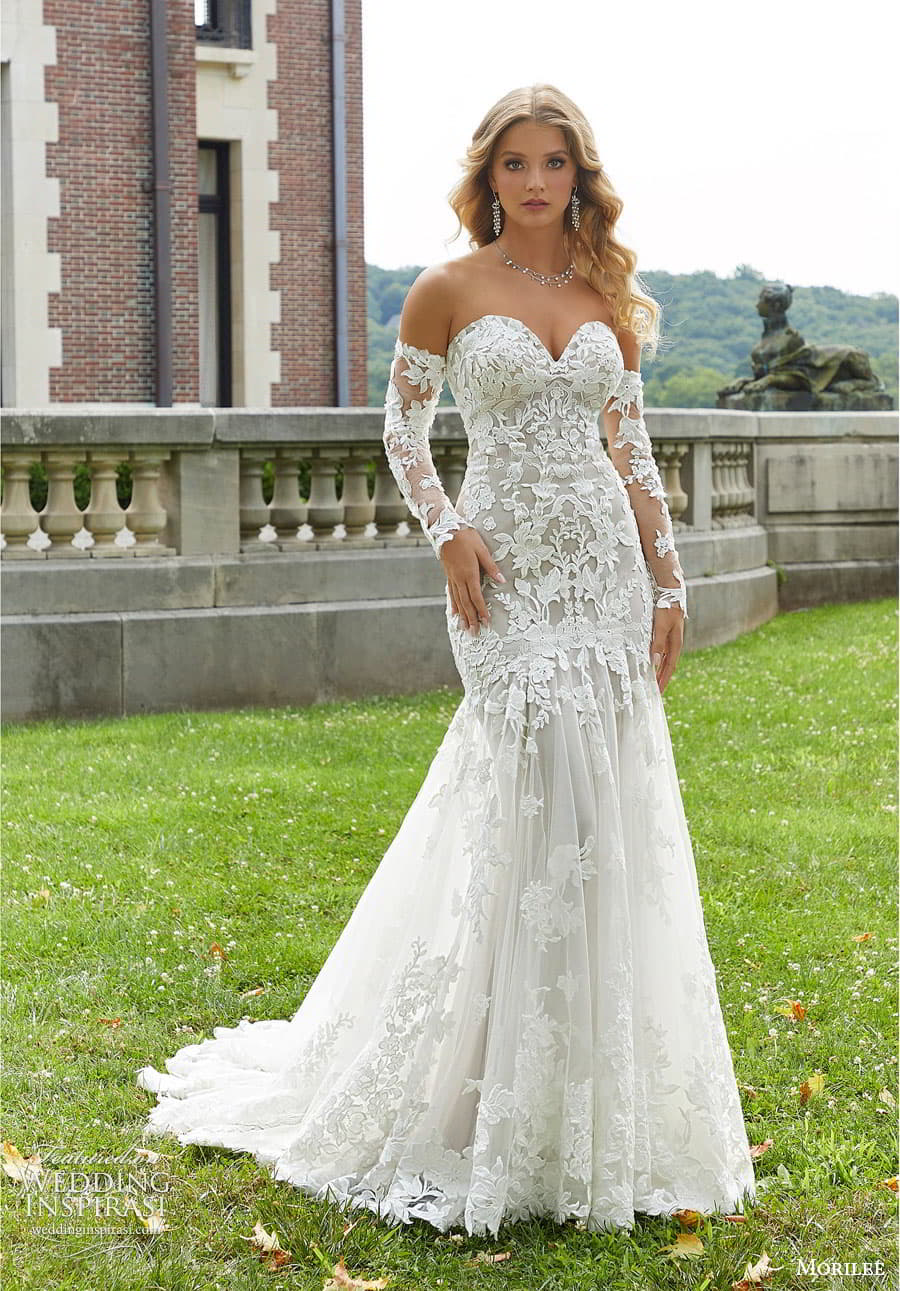 morilee fall 2022 bridal detached illusion sleeves strapless sweetheart neckline fully embellished lace fit flare mermaid wedding dress chapel train (4) mv