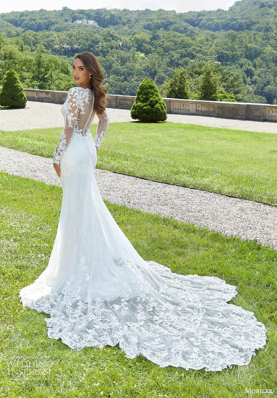 morilee fall 2022 bridal illusion long sleeve plunging v neckline embellished lace bodice sheath wedding dress scalloped chapel train ilusion back (9) bv morilee fall 2022 bridal illusion long sleeve plunging v neckline embellished lace bodice sheath wedding dress scalloped chapel train ilusion back (9) bv