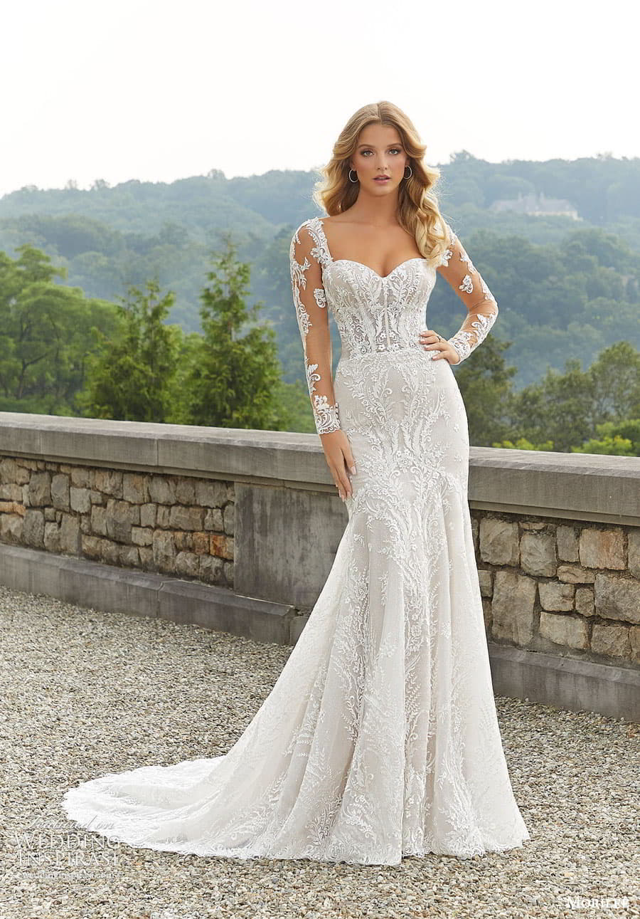 morilee fall 2022 bridal illusion long sleeve sweetheart neckline fully embellished sheath fit flare wedding dress (24) mv