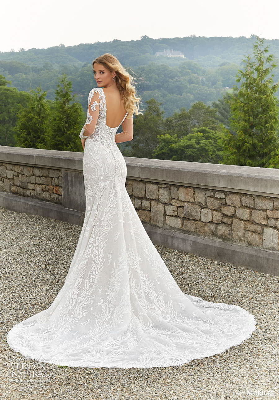 morilee fall 2022 bridal illusion long sleeve sweetheart neckline fully embellished sheath fit flare wedding dress (25) bv